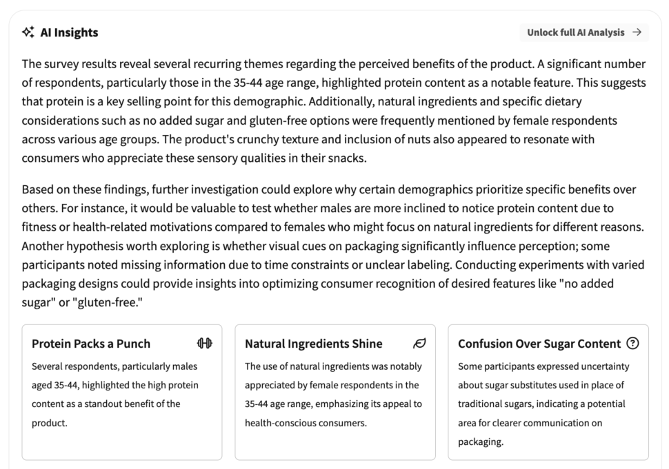 An AI Insights report in PickFu with trends and findings from a packaging design test